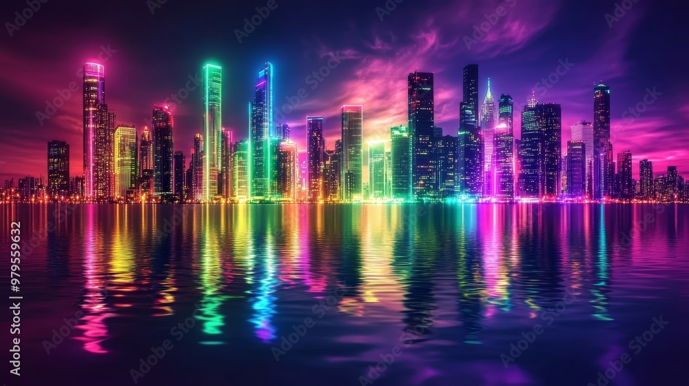 Neon Glow: Abstract City Skyline Reflecting on Water with Vibrant Colors Neon Glow: Abstract City Skyline Reflecting on Water with Vibrant Colors