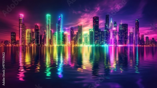 Neon Glow: Abstract City Skyline Reflecting on Water with Vibrant Colors