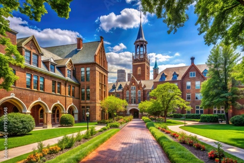 Historic brick buildings with ornate archways and clock towers surrounded by lush greenery and walking paths on a picturesque university campus on a sunny day.