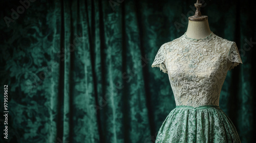 Wallpaper Mural A vintage dress fitting mannequin adorned with lace design stands elegantly against rich green backdrop, showcasing timeless fashion and craftsmanship Torontodigital.ca