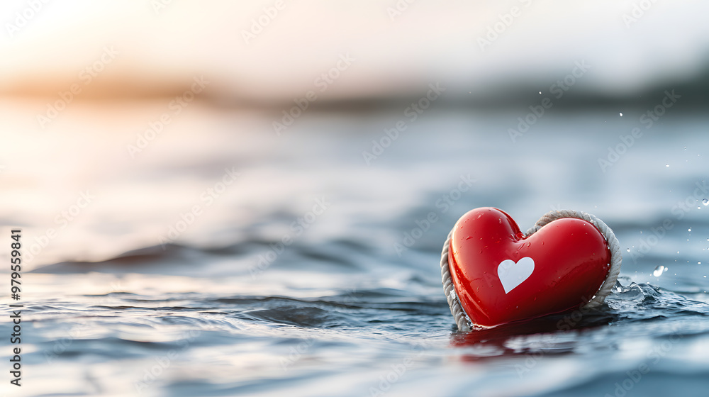 A heart-shaped lifebuoy floating in floodwater symbolized A heart-shaped lifebuoy floating in floodwater symbolized