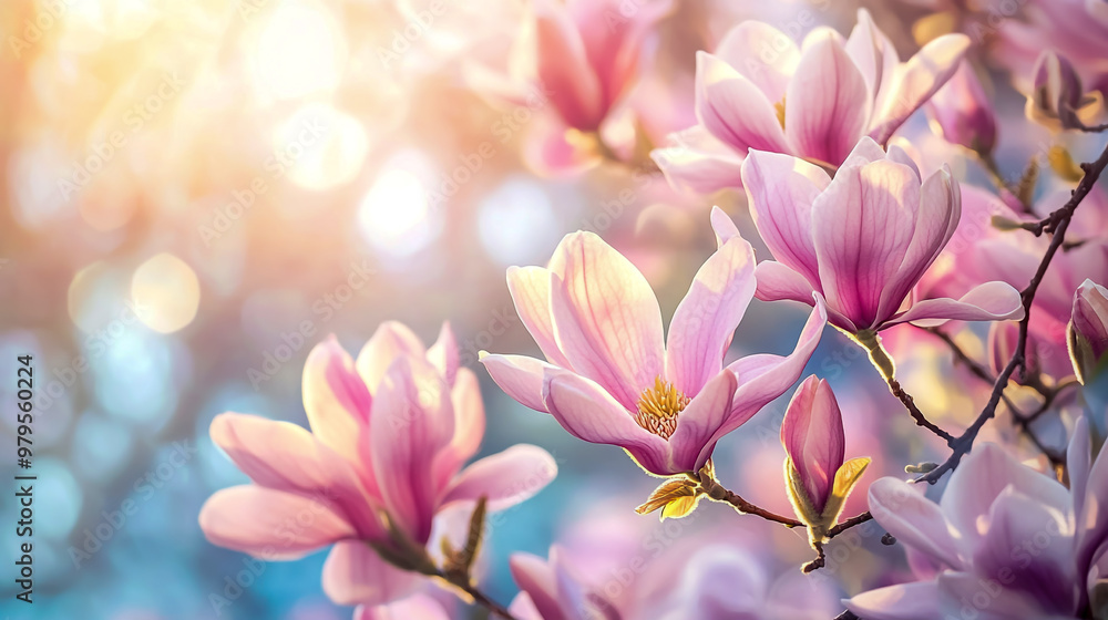 Beautiful blooming magnolia flowers in spring, with pastel pink colors and a blurred background Beautiful blooming magnolia flowers in spring, with pastel pink colors and a blurred background