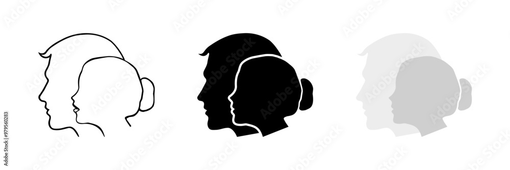 Man and woman profile icons. Linear, silhouette and flat style. Vector icons. Man and woman profile icons. Linear, silhouette and flat style. Vector icons.