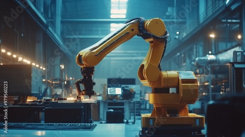 Robotic Arm in Action, a high-tech industrial setting, precision installation of heavy machinery, showcasing advanced automation and engineering innovation