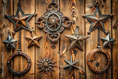 Intricately designed, vintage-inspired western ornaments adorn a rustic wooden wall, showcasing ornate metalwork, lassos, and stars, evoking a classic American cowboy charm and timeless ruggedness. photo