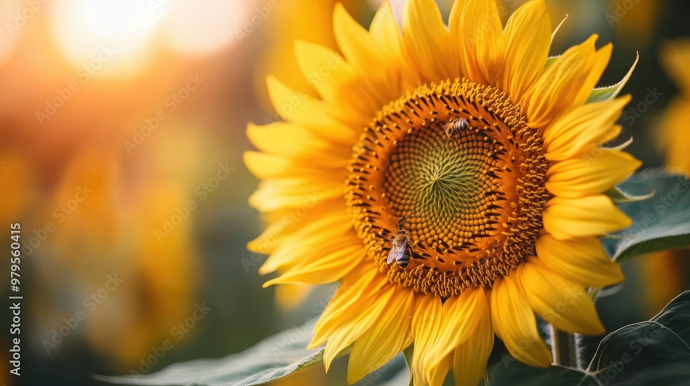Fototapeta premium Close-up of a sunflower head with bees pollinating it, showing the importance of agriculture.