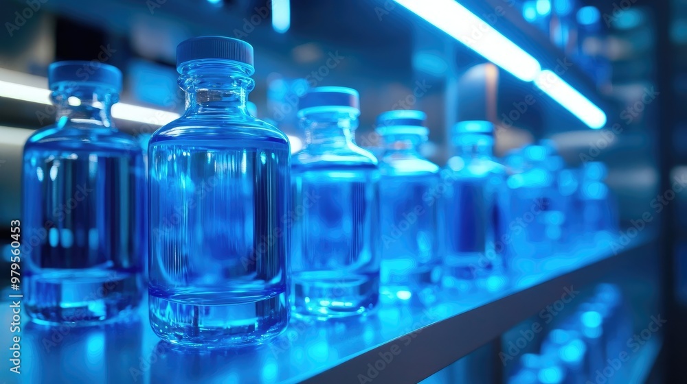Vials of Medical Products in Cold Storage with Cool Blue Lighting and Blurred Background Vials of Medical Products in Cold Storage with Cool Blue Lighting and Blurred Background