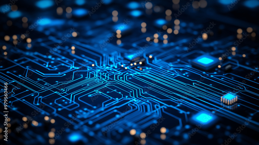 A close up of a circuit board with many small orange and blue dots A close up of a circuit board with many small orange and blue dots