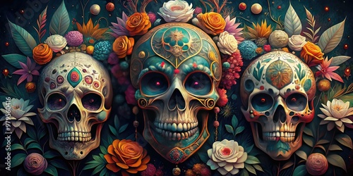 Intricately detailed, hand-drawn illustration of multiple sugar skulls adorned with flowers, diamonds, and ornate patterns, set against a dark, abstract background with subtle texture.