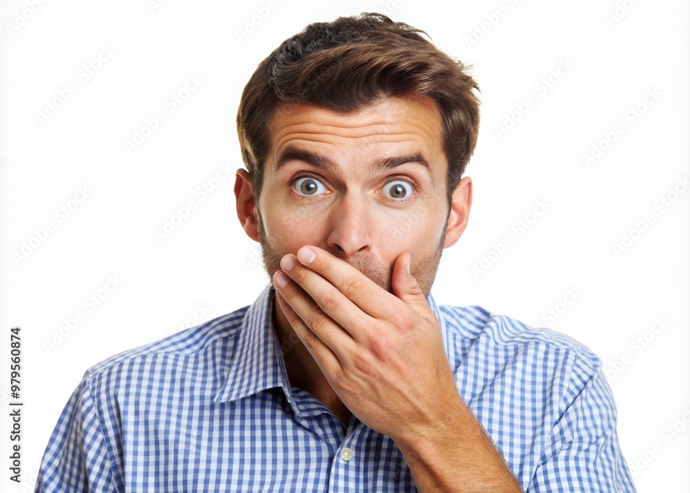 Embarrassed-looking man with hand covering mouth, humorous expression of shock and disgust, hinting at having bad breath, isolated on a white background. Embarrassed-looking man with hand covering mouth, humorous expression of shock and disgust, hinting at having bad breath, isolated on a white background.