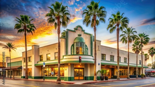 Luxurious grocery store exterior with iconic sign and retro architecture, surrounded by palm trees, evoking nostalgia for old-school Hollywood glamour and classic California style. photo