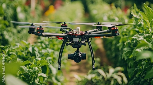 Close-up of an agricultural drone's camera capturing detailed images of crops for analysis.