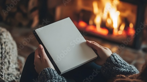 Close-up of a woman's hands holding a blank white book with a black cover, sitting in front of a fireplace in a cozy winter scene
