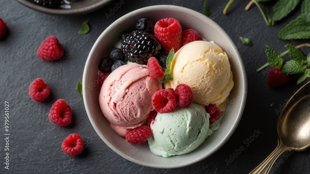 Bowl of ice cream with fresh berries garnish Bowl of ice cream with fresh berries garnish