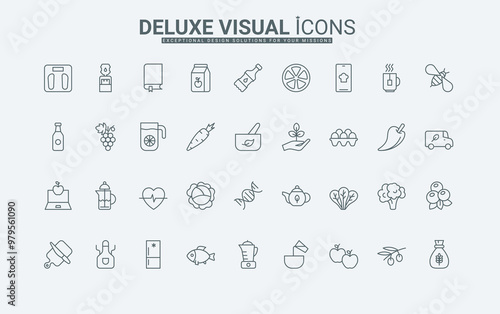 Food and drink online recipes for mobile application, spices for cooking and kitchen appliances thin black outline symbols vector illustration. Diet and healthy nutrition line icons set.