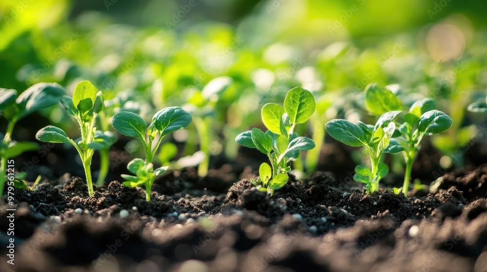 Close-up of green seedlings growing in rich soil, symbolizing new beginnings and sustainable farming. Close-up of green seedlings growing in rich soil, symbolizing new beginnings and sustainable farming.