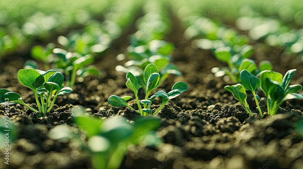 Close-up of green seedlings sprouting in a well-maintained crop field. Close-up of green seedlings sprouting in a well-maintained crop field.