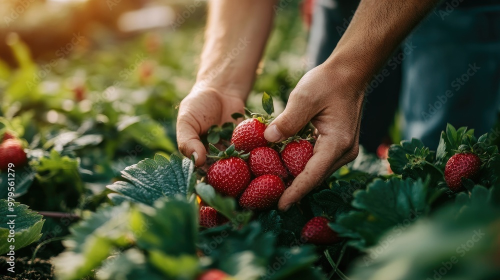Close-up of hands gathering ripe strawberries from a fruit farm during peak season. Close-up of hands gathering ripe strawberries from a fruit farm during peak season.