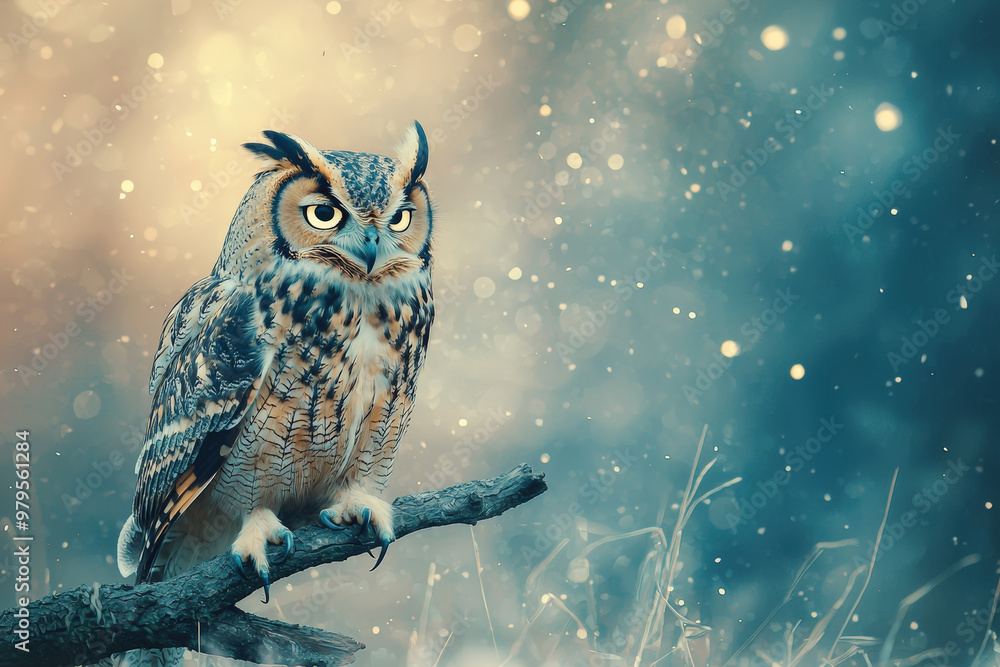 A wise owl with glowing eyes perched on branch, surrounded by dreamy, ethereal background filled with soft bokeh lights. This majestic bird exudes sense of calm and mystery A wise owl with glowing eyes perched on branch, surrounded by dreamy, ethereal background filled with soft bokeh lights. This majestic bird exudes sense of calm and mystery