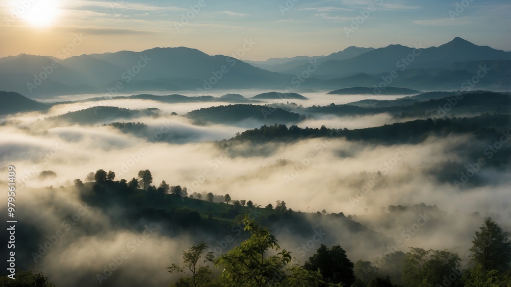 Breathtaking misty landscape of rolling hills and peaks Breathtaking misty landscape of rolling hills and peaks