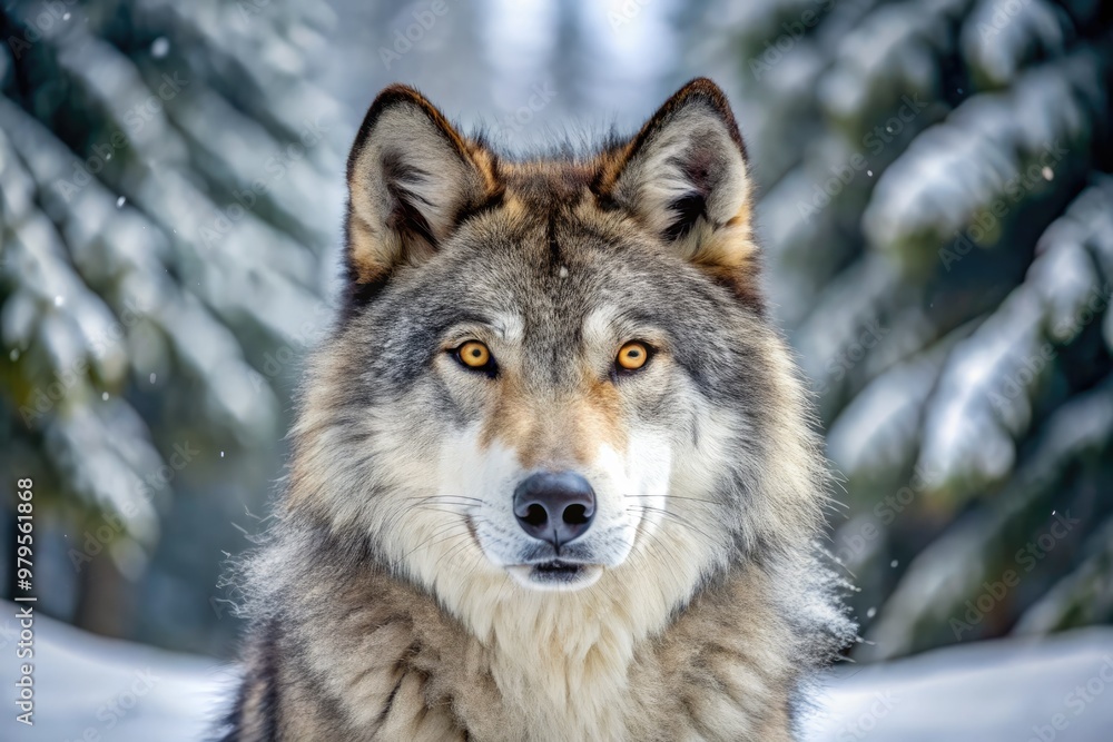 Majestic gray wolf with piercing yellow eyes and a thick winter coat stands proudly amidst a serene snowy forest landscape in the northwest wilderness. Majestic gray wolf with piercing yellow eyes and a thick winter coat stands proudly amidst a serene snowy forest landscape in the northwest wilderness.