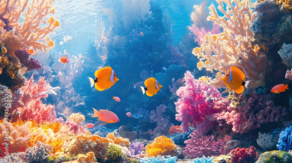 Fototapeta premium Colorful coral reef scene with a variety of vibrant sea fish swimming among the corals, showcasing their natural beauty -