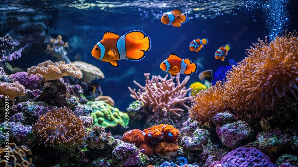Fototapeta premium Colorful coral reef scene with a variety of vibrant sea fish swimming among the corals, showcasing their natural beauty -