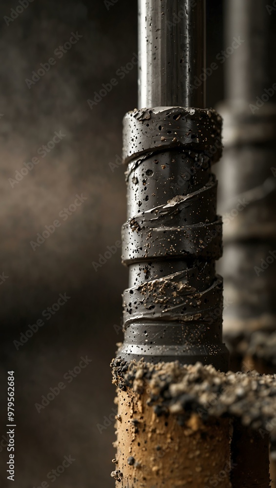 Close-up of spinning drill bits covered in rock dust during mining. Close-up of spinning drill bits covered in rock dust during mining.