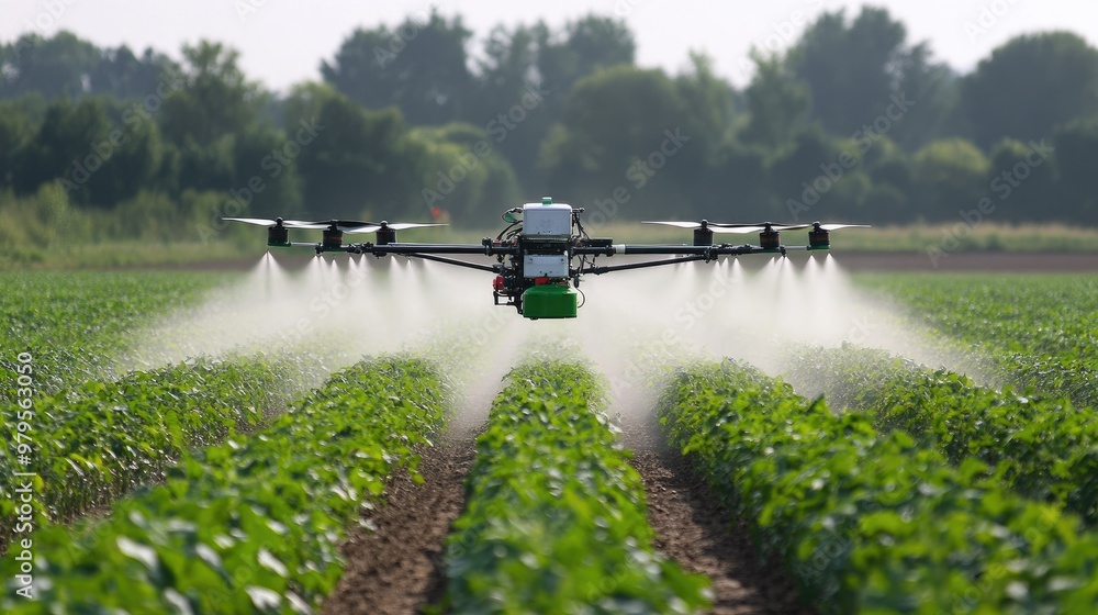 Drone spraying fertilizer over crops with precision, reducing waste and improving efficiency in farming. Drone spraying fertilizer over crops with precision, reducing waste and improving efficiency in farming.