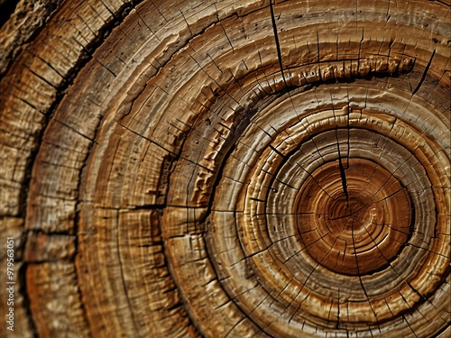 Close-up of tree rings on a cut log, revealing intricate growth patterns.