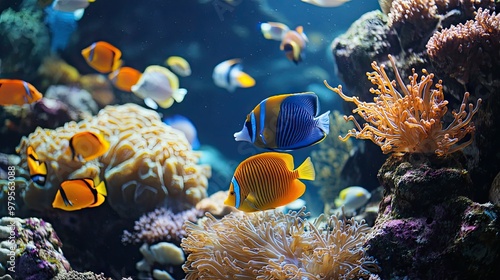 Dynamic shot of sea fish feeding near a coral reef, capturing their movement and interaction in a vibrant marine environment