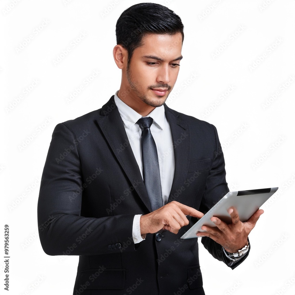 Businessman Using a Tablet for Work Isolated on White Background, Clipping Path, Full Depth of Field Businessman Using a Tablet for Work Isolated on White Background, Clipping Path, Full Depth of Field