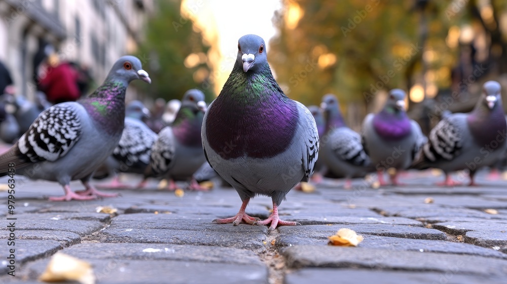 Obraz premium A close-up of a pigeon standing on a city street, surrounded by other pigeons. Captivating urban wildlife moment.