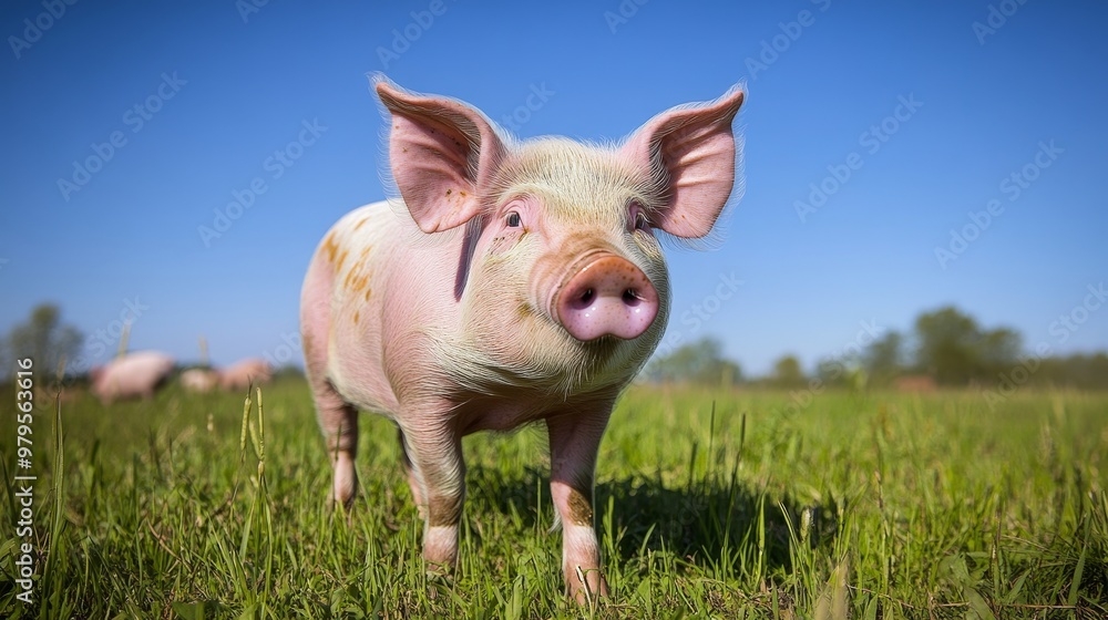 A cute pig standing in a lush green field under a clear blue sky, embodying the charm of farm life and nature. A cute pig standing in a lush green field under a clear blue sky, embodying the charm of farm life and nature.