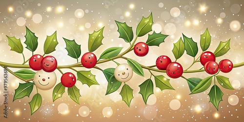 Playful, whimsical illustration of a cheerful mistletoe branch with smiling faces, berries, and leaves, set against a soft, creamy white background with subtle sparkle effect. photo