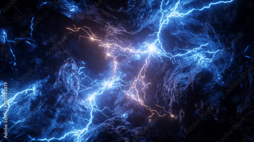 A 3D picture showing a dramatic storm with lightning bolts, flashing light, and electrical energy. A 3D picture showing a dramatic storm with lightning bolts, flashing light, and electrical energy.