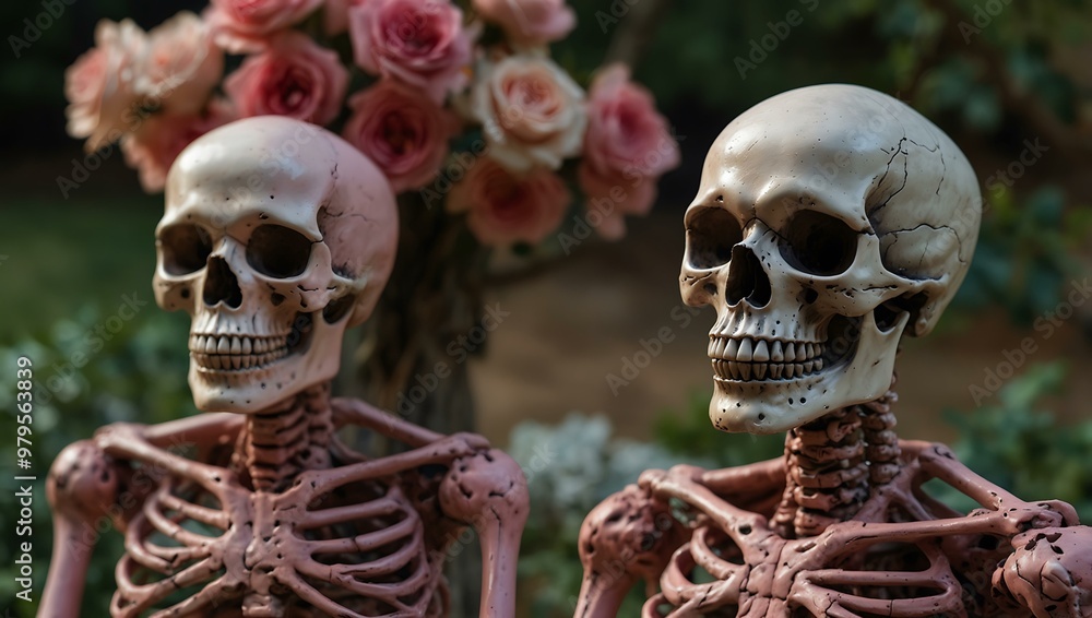 Close-up of two skeletons with pink accents. Close-up of two skeletons with pink accents.