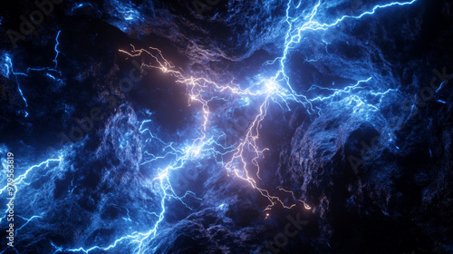 A 3D picture showing a dramatic storm with lightning bolts, flashing light, and electrical energy.