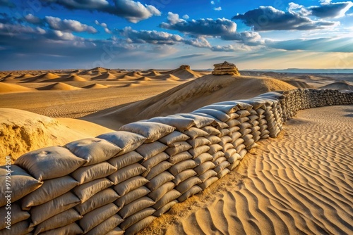 Rugged earth-toned sandbags fortify a stark desert landscape, winding berms stretch across dunes, evoking a sense of isolation and military presence in Western Sahara's arid terrain. photo