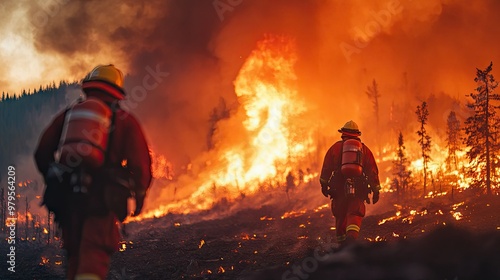 Firefighters using fire retardant to contain a forest fire, with large plumes of smoke and glowing embers in the background. - photo