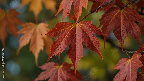 Close-up of vibrant red maple leaves in autumn.