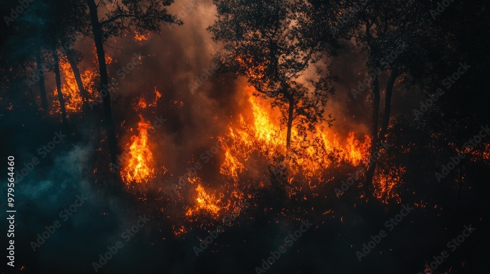 Forest fire at night with bright, orange flames and smoke illuminated by the dark sky, showcasing the fire's intensity. Forest fire at night with bright, orange flames and smoke illuminated by the dark sky, showcasing the fire's intensity.
