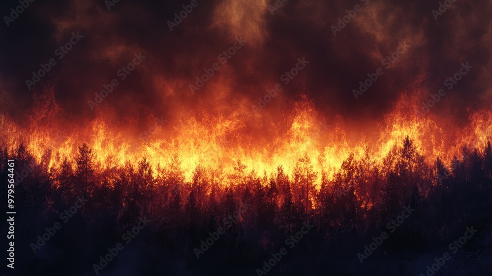 Forest fire creating a wall of flames against a backdrop of dark, ominous clouds, capturing the scale of the disaster. Forest fire creating a wall of flames against a backdrop of dark, ominous clouds, capturing the scale of the disaster.
