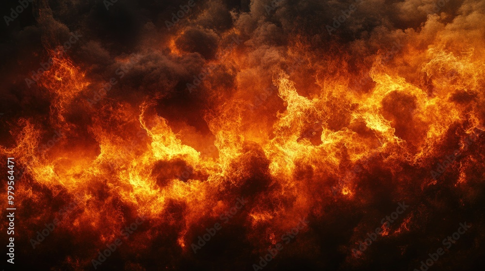 Forest fire creating a wall of flames against a backdrop of dark, ominous clouds, capturing the scale of the disaster. Forest fire creating a wall of flames against a backdrop of dark, ominous clouds, capturing the scale of the disaster.