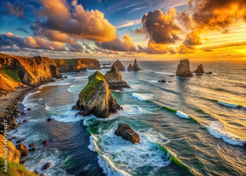 Rugged windswept coastline at sunset, towering sea stacks and rocky shores stretch into the Pacific Ocean at the westernmost point in North America. photo