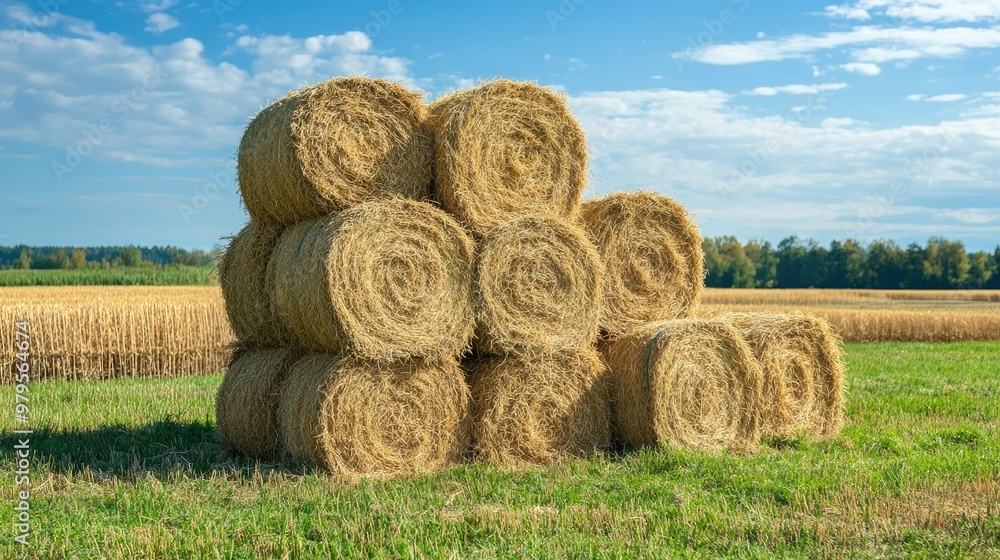 Freshly baled hay stacked in a field, ready to be used as feed for livestock on a farm. Freshly baled hay stacked in a field, ready to be used as feed for livestock on a farm.