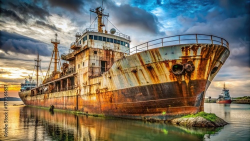 Rusted, grimy cargo vessel with peeling paint, caked-on grime, and tangled rigging, listing to one side in a murky, polluted harbor. photo