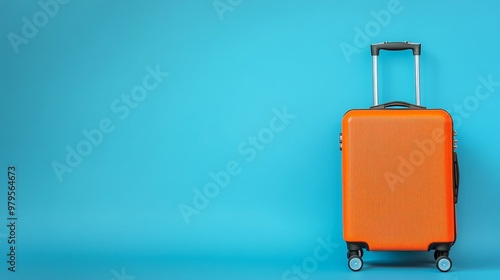 A vibrant orange suitcase stands against a bright blue background, perfect for travel-themed designs and vacation planning materials.