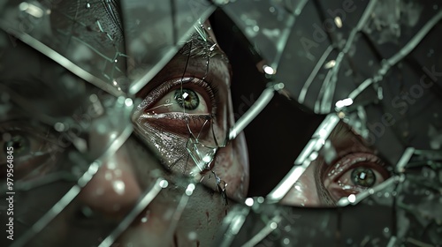 A close-up view of a face reflected in a shattered mirror, capturing an intense gaze through broken glass fragments.