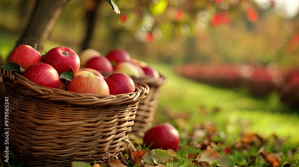Freshly picked apples in baskets in a scenic orchard, representing the fall harvest Freshly picked apples in baskets in a scenic orchard, representing the fall harvest